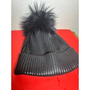 Adrienne Landau  WOMEN's Fur Pom Pom BLACK Metallic Beanie Hat NWOT